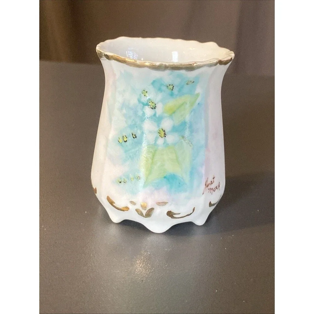 Vintage Toothpick Holder Floral Signed Janet Mock 2.5” Painted Footed